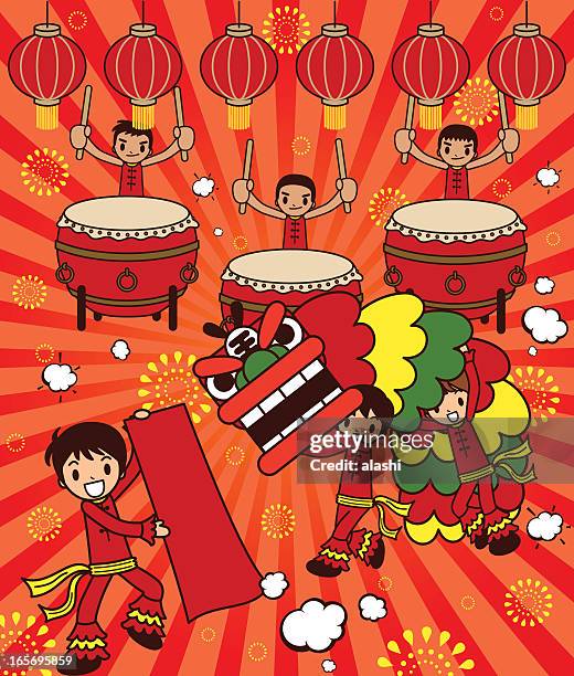 ilustrações de stock, clip art, desenhos animados e ícones de leão de dança e grande tambor drama de feliz ano novo - chinese music