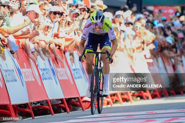 Team Intermarche Wanty's Portuguese rider Rui Costa crosses the finish line first placed at the end of the stage 15 of the 2023 La Vuelta cycling...
