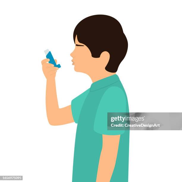 little boy using asthma inhaler for preventing disease attack - aerosol stock illustrations