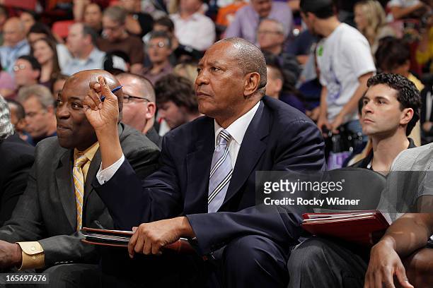 Head Coach Keith Smart and Assistant Coach Alex English in a game against the Houston Rockets on April 3, 2013 at Sleep Train Arena in Sacramento,...