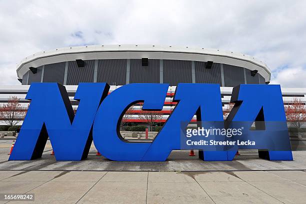 Detail of giant NCAA logo is seen outside of the stadium on the practice day prior to the NCAA Men's Final Four at the Georgia Dome on April 5, 2013...