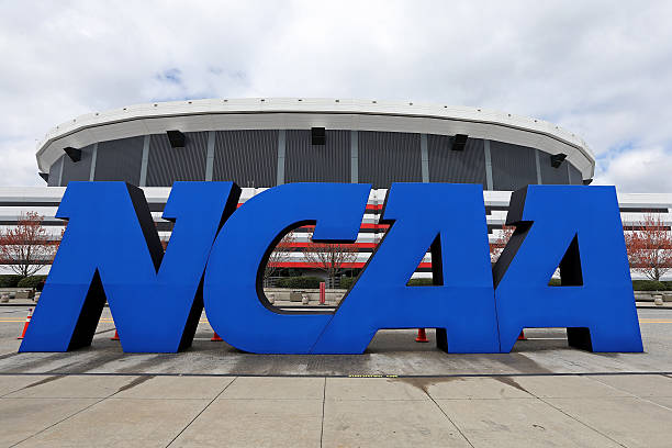 Detail of giant NCAA logo is seen outside of the stadium on the practice day prior to the NCAA Men's Final Four at the Georgia Dome on April 5, 2013...