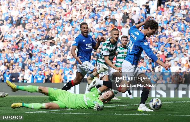 Sam Lammers of Rangers rounds Joe Hart of Celtic only to miss during the Cinch Scottish Premiership match between Rangers FC and Celtic FC at Ibrox...