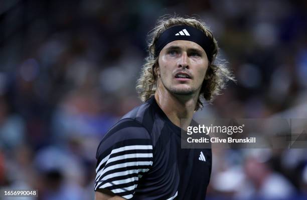 Alexander Zverev of Germany against Grigor Dimitrov of Bulgaria during their Men's Singles Third Round match on Day Six of the 2023 US Open at the...