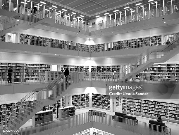 Indoor photo of the new city library in Stuttgart, Germany which opened on 14th October 2011. Visitors have about 500,000 books, films, sound...