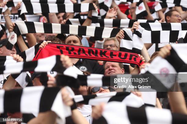 Fans of Eintracht Frankfurt show their support prior to the Bundesliga match between Eintracht Frankfurt and 1. FC Köln at Deutsche Bank Park on...