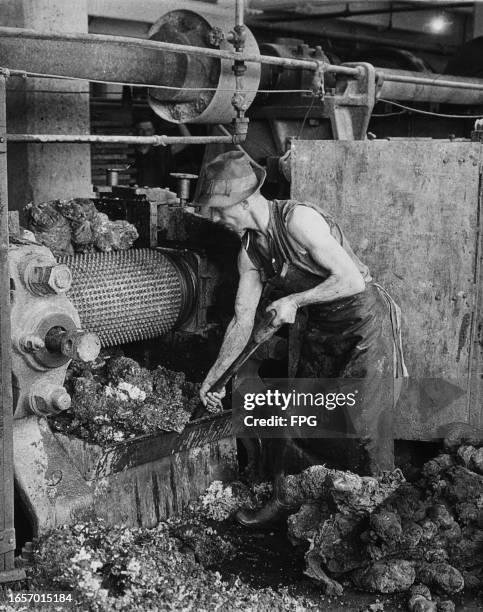 Man shovelling crude rubber into a rubber-cracking machine at the Goodyear Tire & Rubber Company production facility in Akron, Ohio, circa 1925. The...