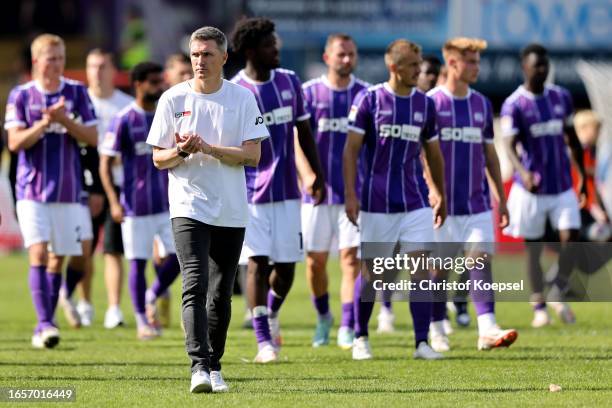 Head coach Tobias Schweinsteiger of Osnabrueck looks dejected after losing 0-1 the Second Bundesliga match between VfL Osnabrück and SV Elversberg at...