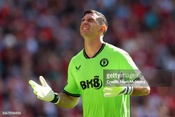 Emiliano Martinez of Aston Villa reacts during the Premier League match between Liverpool FC and Aston Villa at Anfield on September 03, 2023 in...