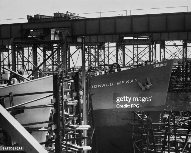 The SS Donald McKay, a Type C2 'Liberty Fleet' standard freighter, under construction at the Sun Shipbuilding & Drydock Company in Chester,...