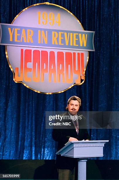Episode -- Pictured: Host Jay Leno during the "1994 Year in Review Jeopardy" skit on December 30, 1994 --