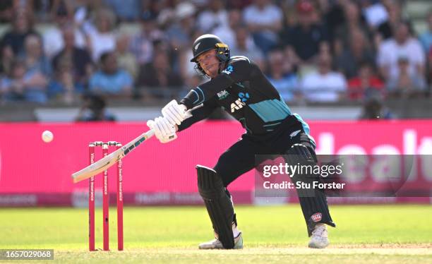 New Zealand batsman Finn Allen hits out during the 3rd Vitality T20I between England and New Zealand at Edgbaston on September 03, 2023 in...