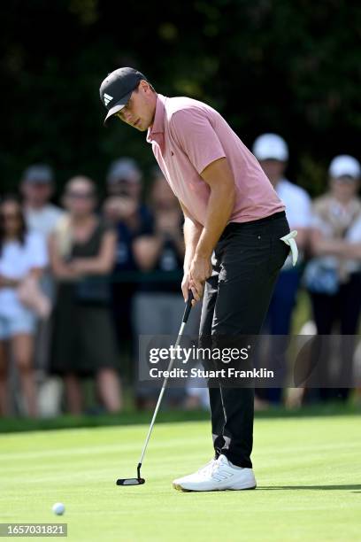 Ludvig Aberg of Sweden plays his putt shot on the 11th hole during Day Four of the Omega European Masters at Crans-sur-Sierre Golf Club on September...