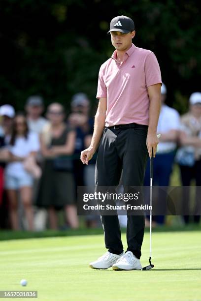 Ludvig Aberg of Sweden plays his putt shot on the 11th hole during Day Four of the Omega European Masters at Crans-sur-Sierre Golf Club on September...