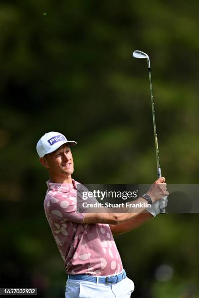 Adrian Meronk of Poland plays his second shot on the 17th hole during Day Four of the Omega European Masters at Crans-sur-Sierre Golf Club on...