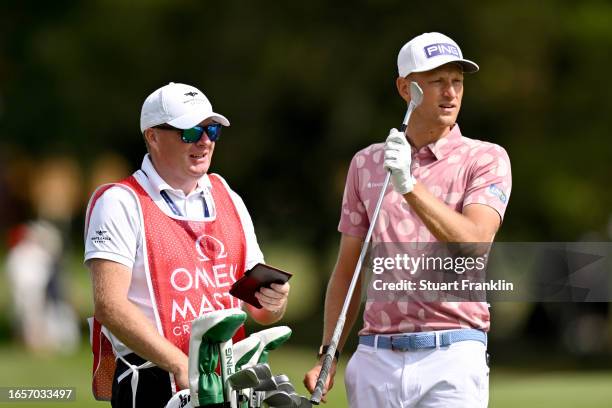 Adrian Meronk of Poland prepares to play his second shot on the 17th hole during Day Four of the Omega European Masters at Crans-sur-Sierre Golf Club...