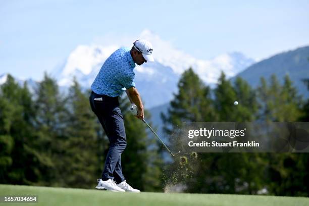 Alexander Bjork of Sweden plays his second shot on the 11th hole during Day Four of the Omega European Masters at Crans-sur-Sierre Golf Club on...