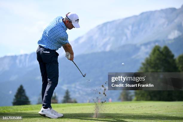 Alexander Bjork of Sweden plays his tee shot on the 11th hole during Day Four of the Omega European Masters at Crans-sur-Sierre Golf Club on...