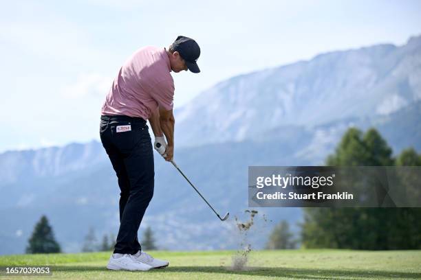 Ludvig Aberg of Sweden plays his tee shot on the 11th hole during Day Four of the Omega European Masters at Crans-sur-Sierre Golf Club on September...