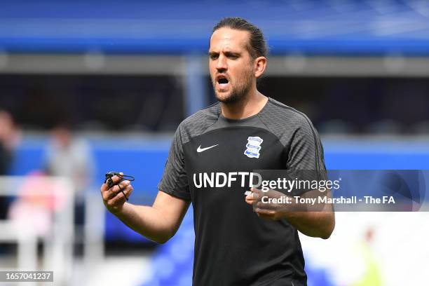 Darren Carter, Head Coach of Birmingham City reacts prior to the Barclays FA Women's Championship match between Birmingham City and Crystal Palace at...