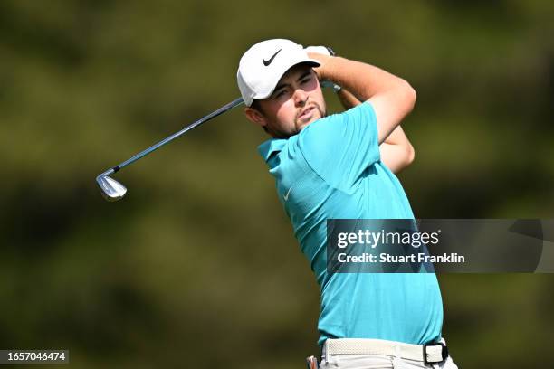 Alex Fitzpatrick of England plays his third shot on the 14th hole during Day Four of the Omega European Masters at Crans-sur-Sierre Golf Club on...