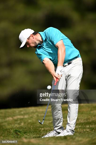 Alex Fitzpatrick of England plays his third shot on the 14th hole during Day Four of the Omega European Masters at Crans-sur-Sierre Golf Club on...