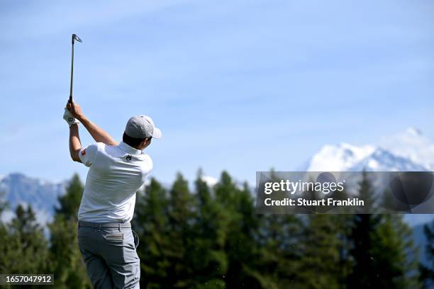 Matt Fitzpatrick of England plays his second shot on the 12th hole during Day Four of the Omega European Masters at Crans-sur-Sierre Golf Club on...