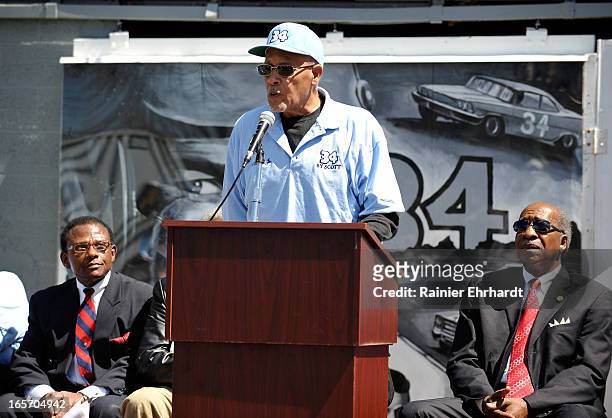 Wendell Scott Jr. Speaks during the unveiling of a historical marker in honor of his father, Wendell O. Scott Sr., on April 5, 2013 in Danville,...