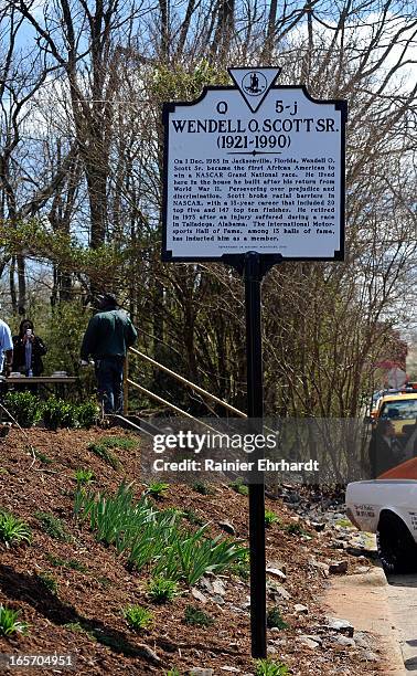 Historical marker in honor of former NASCAR driver Wendell O. Scott Sr. Is seen on April 5, 2013 in Danville, Virginia.