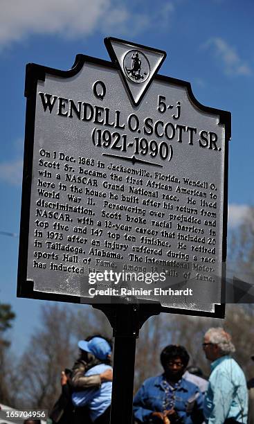 Historical marker in honor of former NASCAR driver Wendell O. Scott Sr. Is seen on April 5, 2013 in Danville, Virginia.