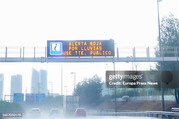 Rain warning on the road, September 3 in Madrid, Spain. The DANA, which arrived last September 1, has brought abundant rainfall to much of the...