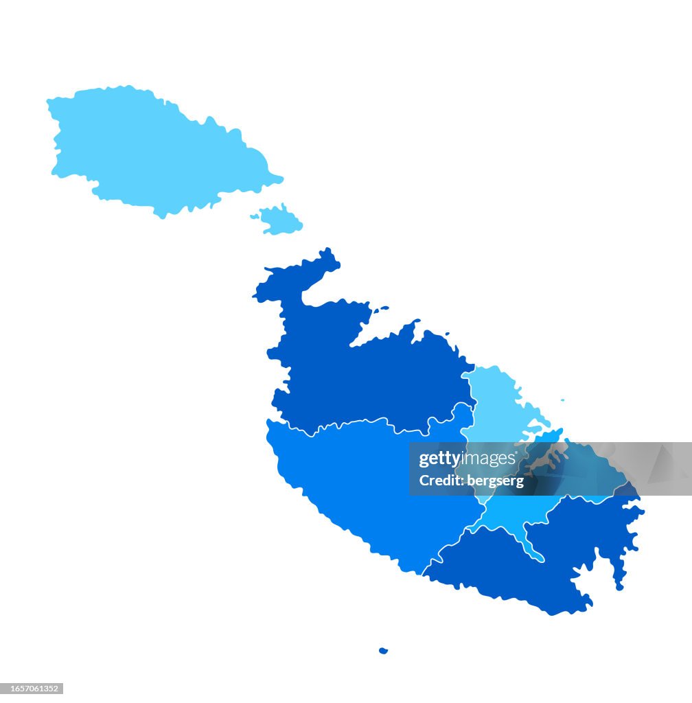 Mapa azul de Malta altamente detalhado com regiões e fronteira nacional