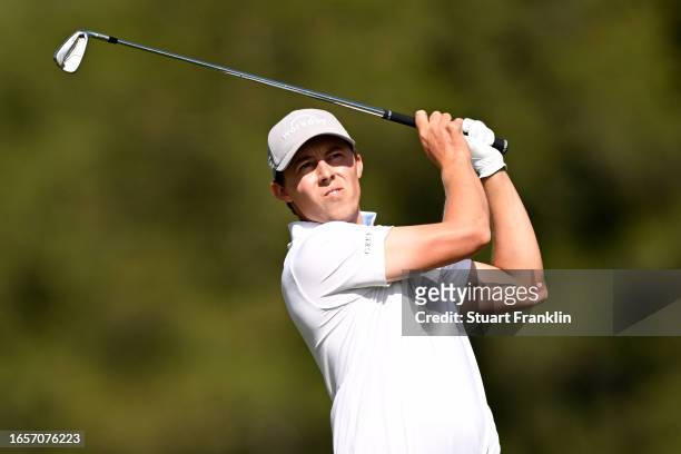 Matt Fitzpatrick of England plays his second shot on the 14th hole during Day Four of the Omega European Masters at Crans-sur-Sierre Golf Club on...