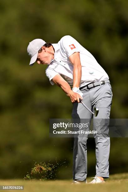 Matt Fitzpatrick of England plays his second shot on the 14th hole during Day Four of the Omega European Masters at Crans-sur-Sierre Golf Club on...