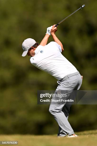 Matt Fitzpatrick of England plays his second shot on the 14th hole during Day Four of the Omega European Masters at Crans-sur-Sierre Golf Club on...