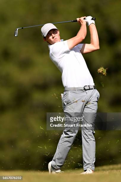 Matt Fitzpatrick of England plays his second shot on the 14th hole during Day Four of the Omega European Masters at Crans-sur-Sierre Golf Club on...