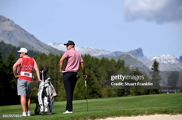 Ludvig Aberg of Sweden prepares to play his second shot on the 15th hole during Day Four of the Omega European Masters at Crans-sur-Sierre Golf Club...