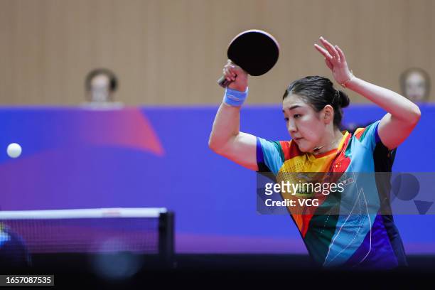 Chen Meng of Team China competes in the Women's Teams group match against Team Malaysia on day one of 2023 Pyeongchang Asian Table Tennis...