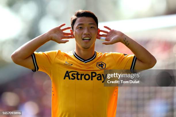 Hwang Hee-Chan of Wolverhampton Wanderers celebrates after scoring the team's first goal during the Premier League match between Crystal Palace and...