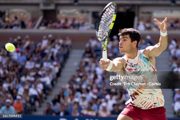 September 2: Carlos Alcaraz of Spain in action during his match against Daniel Evans of Great Britain in the Men's Singles round three match on...