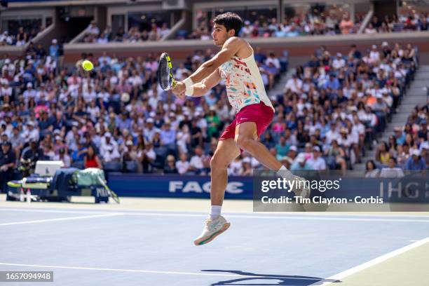 September 2: Carlos Alcaraz of Spain in action during his match against Daniel Evans of Great Britain in the Men's Singles round three match on...