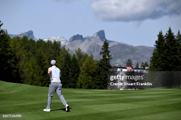 Matt Fitzpatrick of England prepares to play his second shot on the 15th hole during Day Four of the Omega European Masters at Crans-sur-Sierre Golf...