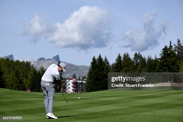 Matt Fitzpatrick of England plays his second shot on the 15th hole during Day Four of the Omega European Masters at Crans-sur-Sierre Golf Club on...