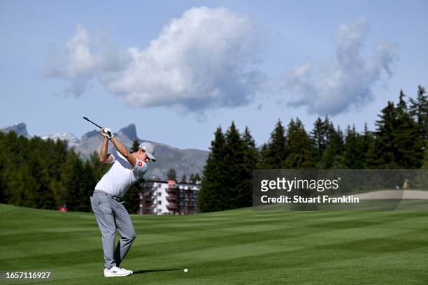 Matt Fitzpatrick of England plays his second shot on the 15th hole during Day Four of the Omega European Masters at Crans-sur-Sierre Golf Club on...