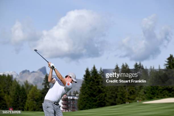 Matt Fitzpatrick of England plays his second shot on the 15th hole during Day Four of the Omega European Masters at Crans-sur-Sierre Golf Club on...