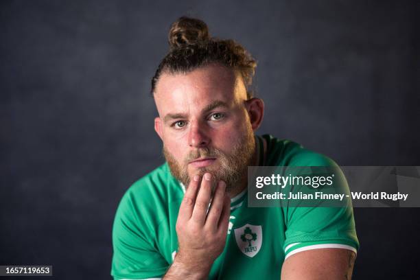 Finlay Bealham of Ireland poses for a portrait during the Ireland Rugby World Cup 2023 Squad photocall on September 01, 2023 in Tours, France.