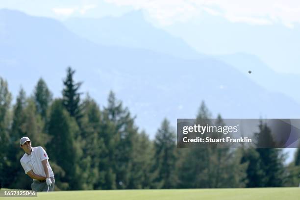 Matt Fitzpatrick of England plays his fthird shot on the 15th hole during Day Four of the Omega European Masters at Crans-sur-Sierre Golf Club on...