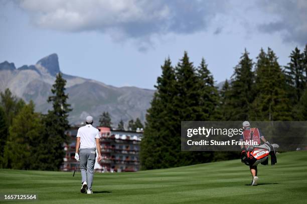 Matt Fitzpatrick of England walks down the 15th hole during Day Four of the Omega European Masters at Crans-sur-Sierre Golf Club on September 03,...