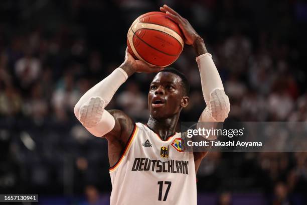 Dennis Schroder of Germany shoots a free throw during the FIBA Basketball World Cup 2nd Round Group K game between Germany and Slovenia at Okinawa...