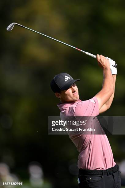 Ludvig Aberg of Sweden plays his second shot on the 17th hole during Day Four of the Omega European Masters at Crans-sur-Sierre Golf Club on...